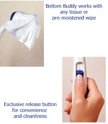 Bottom Buddy bottom wiper uses toilet tissue or premoistened wipes
